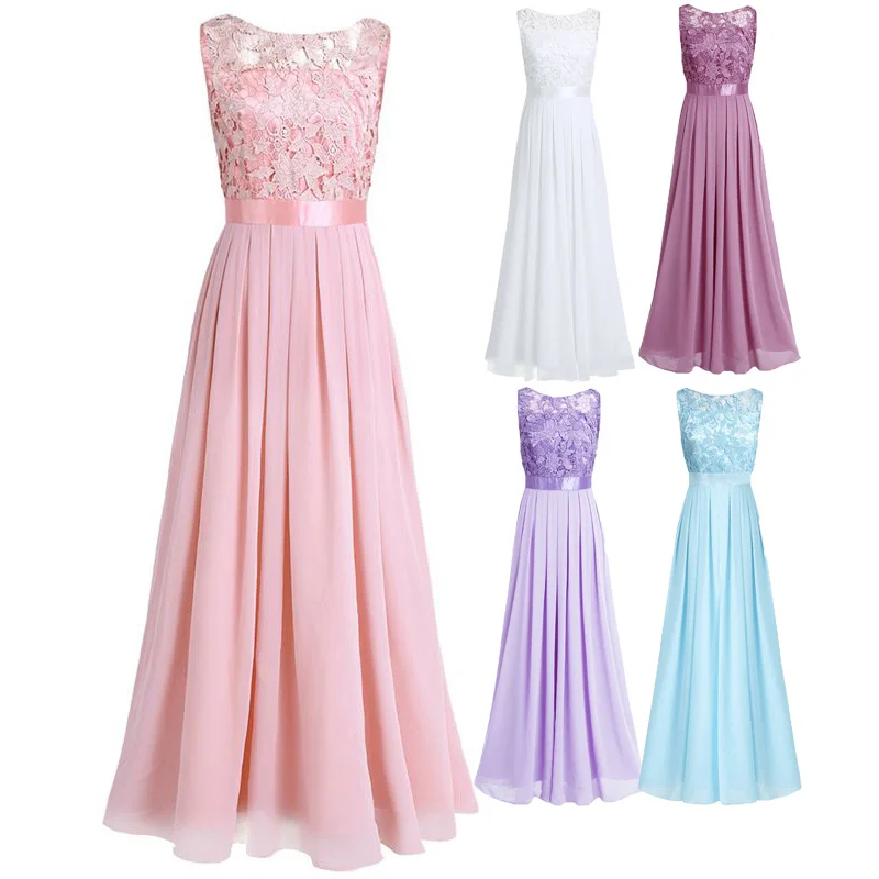 

Lace Chiffon Women's Elegant Party Dresses A-Line O-Neck Sleeveless vestido longo de festa casamento