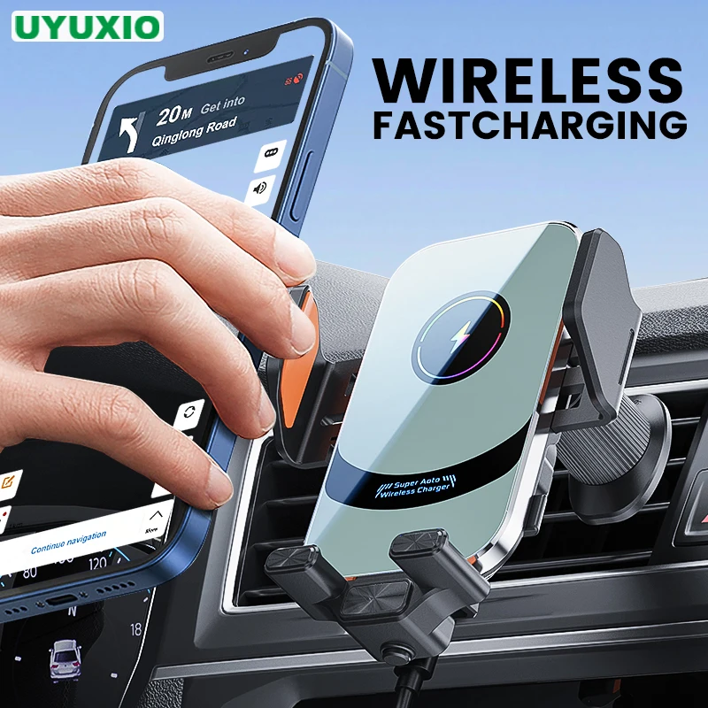 UYUXIO Wireless Car Charger Super Fast CHARGING Auto Clamping Air Vent ผู้ถือโทรศัพท์รถยนต์สําหรับ iPhone 16 15 14 PRO MAX samsung 1