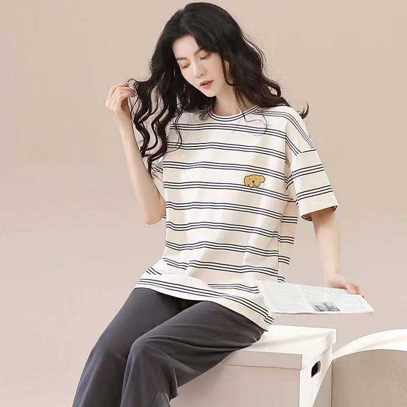 Pyjamas Set for Women‘s Short Sleeve Long Pants Student Casual Cartoon Bear Sweet Cuet Sleepwear Loungewear Romantic Nightwear 3