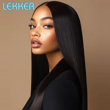Lekker 32" Long Bone Straight 13x1 T Part Lace Front 100% Human Hair Wig For Women Brazilian Remy Hair Glueless Natural Dark Wig