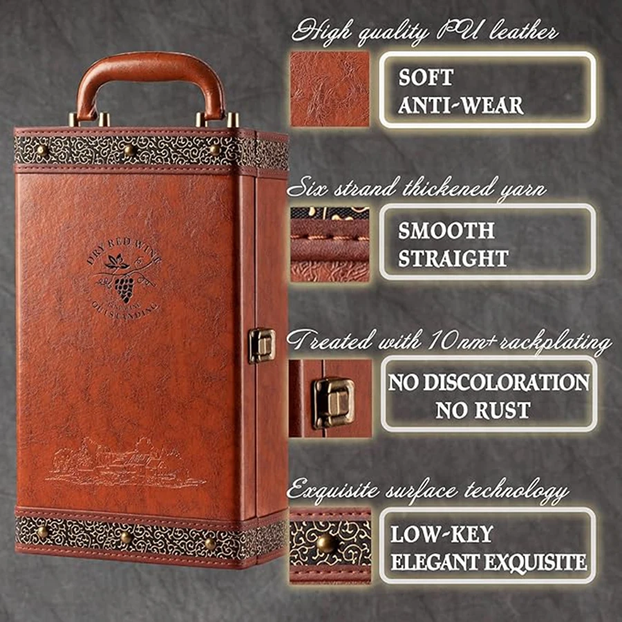 2 Bottle Wine Gift Box with 4 Accessories Set – PU Leather Portable Wine Carrier Tote, ... - SKU WGB02059 - UGI Packaging