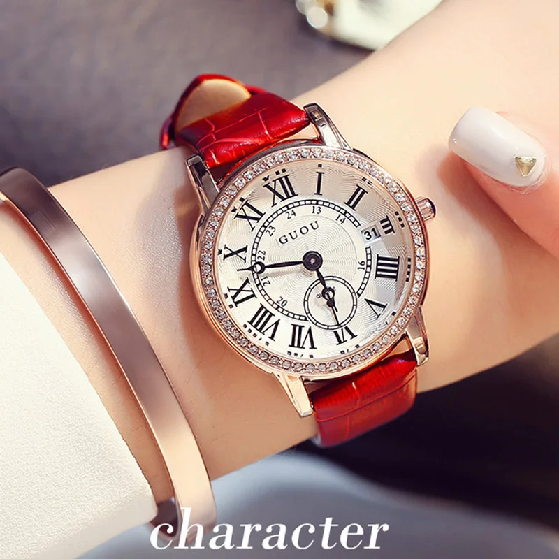 

GUOU Brand Quartz Watches High Grade Women's Watches Genuine Leather Diamond Fashion Sun Pattern With Calendar Wristwatches