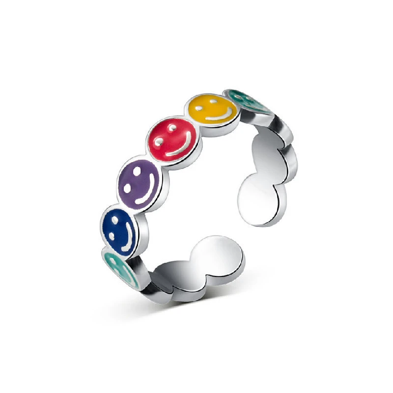 WYEAIIR 925 Sterling Silver Color Glazed Cute Smiling Face Cartoon Resizable Opening Ring For Women Luxury Jewelry 6