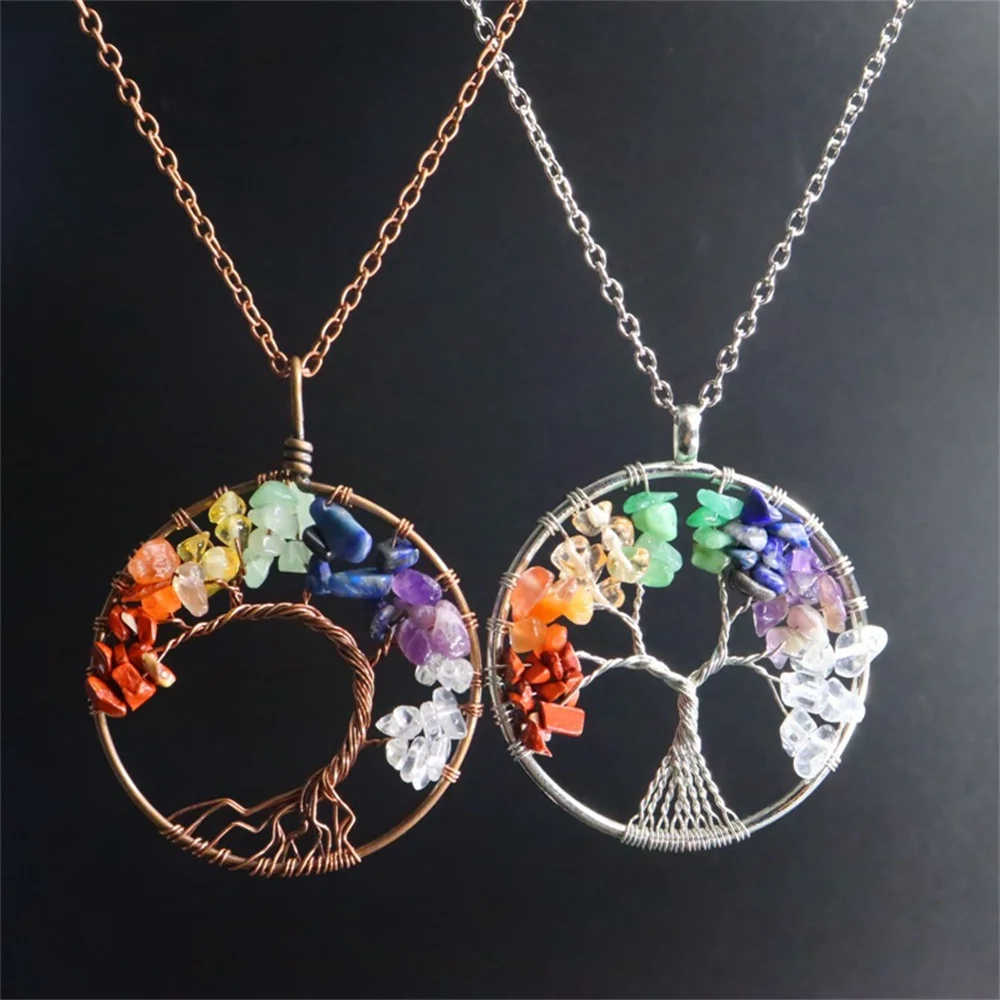 7 Chakra Quartz Natural Stone Tree of Life Pendulum Pendant for Women Handmade Healing Crystal Jade Heart Necklace Reiki Jewelry, pendant necklace, jade jewelry