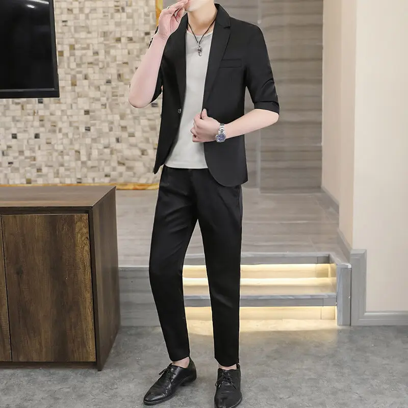 Business Casual One Button Suit Men's Sets Summer Solid Color Slim Fit Short Sleeve Blazers & Pants Two-Pieces Set Clothing