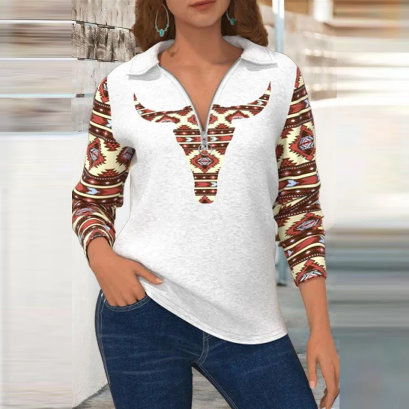 

Autumn Winter New Geometric Printed Women Tops Fashion Zipper Lapel Neck Long Sleeve Patchwork Casual Loose Female Pullovers