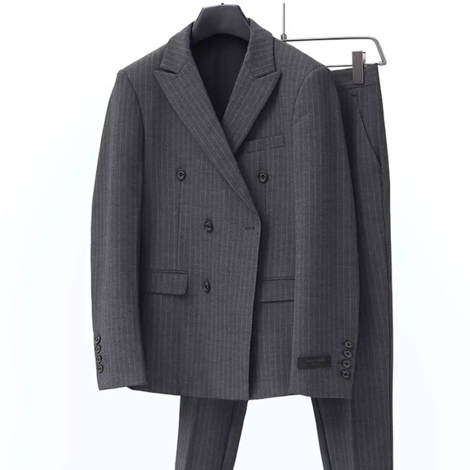 

2022 New Arrival Men Striped Solid Color Formal Business Casual Suit Two Pieces Set Male Groom Wedding Dress Blazer H266