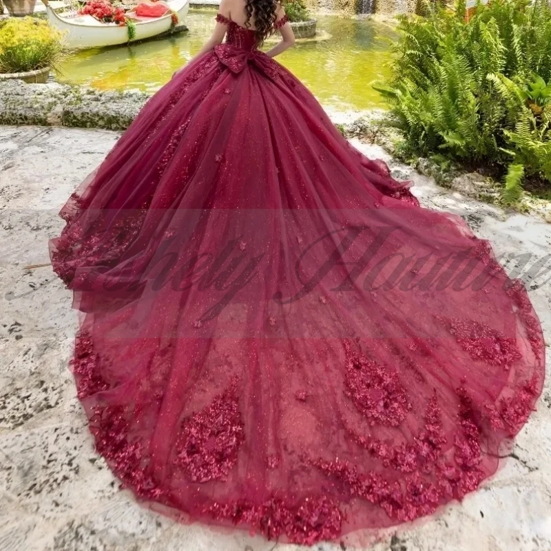 Mexican Wine Red Women Birthday Party Dresses Ball Gown Lace Applique Bow Vestido De xv Anos 15 Quinceanera Prom Wear