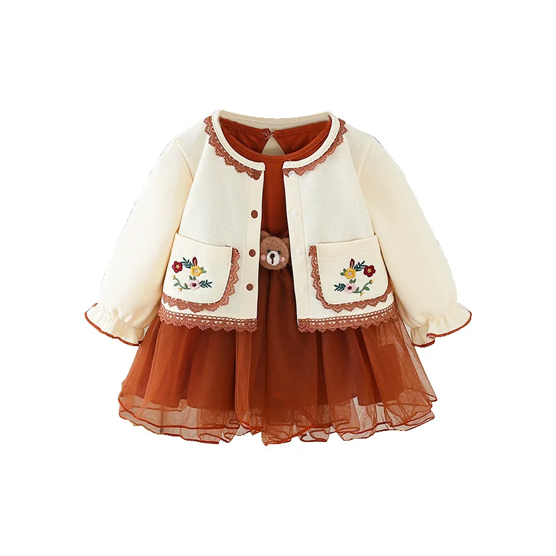 Spring Girls Sweet Princess Dress Fashion 2pcs Sets Children Kids Baby Dress+ Long-sleeved Coat Suit