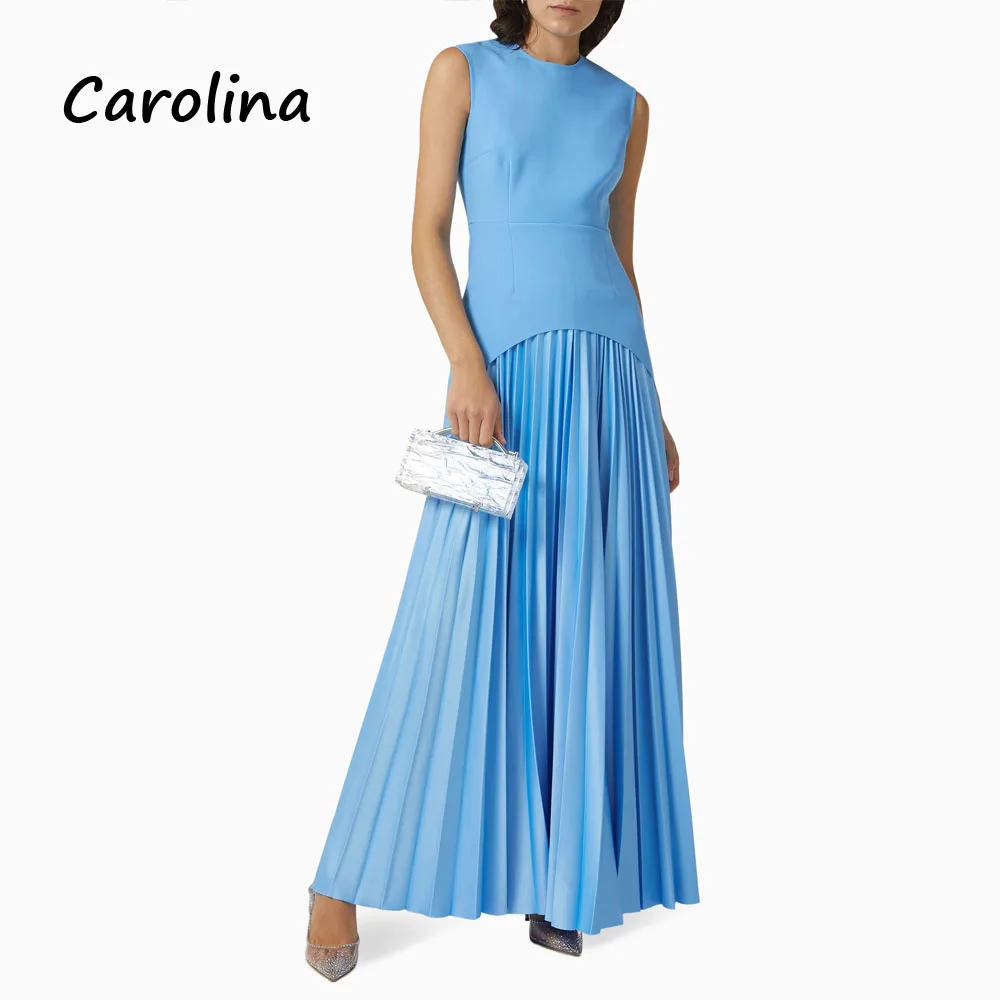 

Carolina Blue O-Neck Pleat A-LINE Evening Dress Saudi Arabia 2024 Slim Crepe Sleeveless Ankle-Length Prom Dress