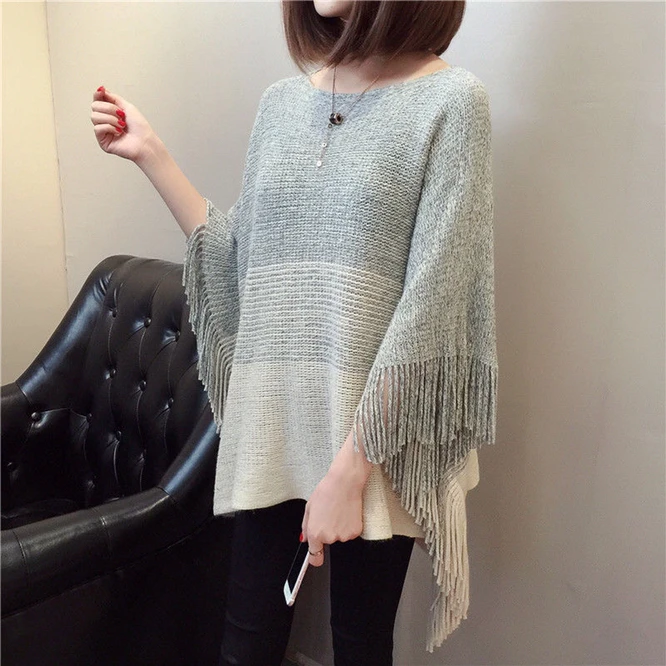 Spring Autumn New Women's Shawl Tassel Large Knitted Cloak  Blouse Air Conditioning Blouse Pullover Cloak Gray women fashion lurex leopard dot fringe viscose shawl scarf high quality autumn winter wrap pashmina stole bufandas muslim hijab