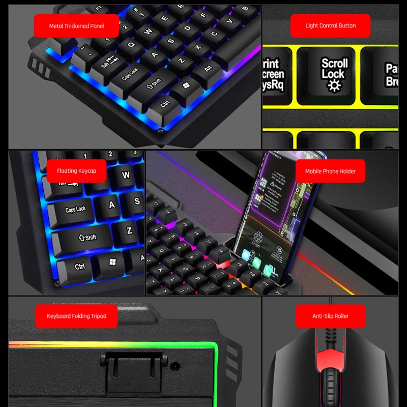 Mecânico Feel Wire Gaming Teclado e Mouse Grupo Usb Rgb Colorido Luminoso Ratos para pc Gamer Computador com Suporte para Telefone - Imagem 4