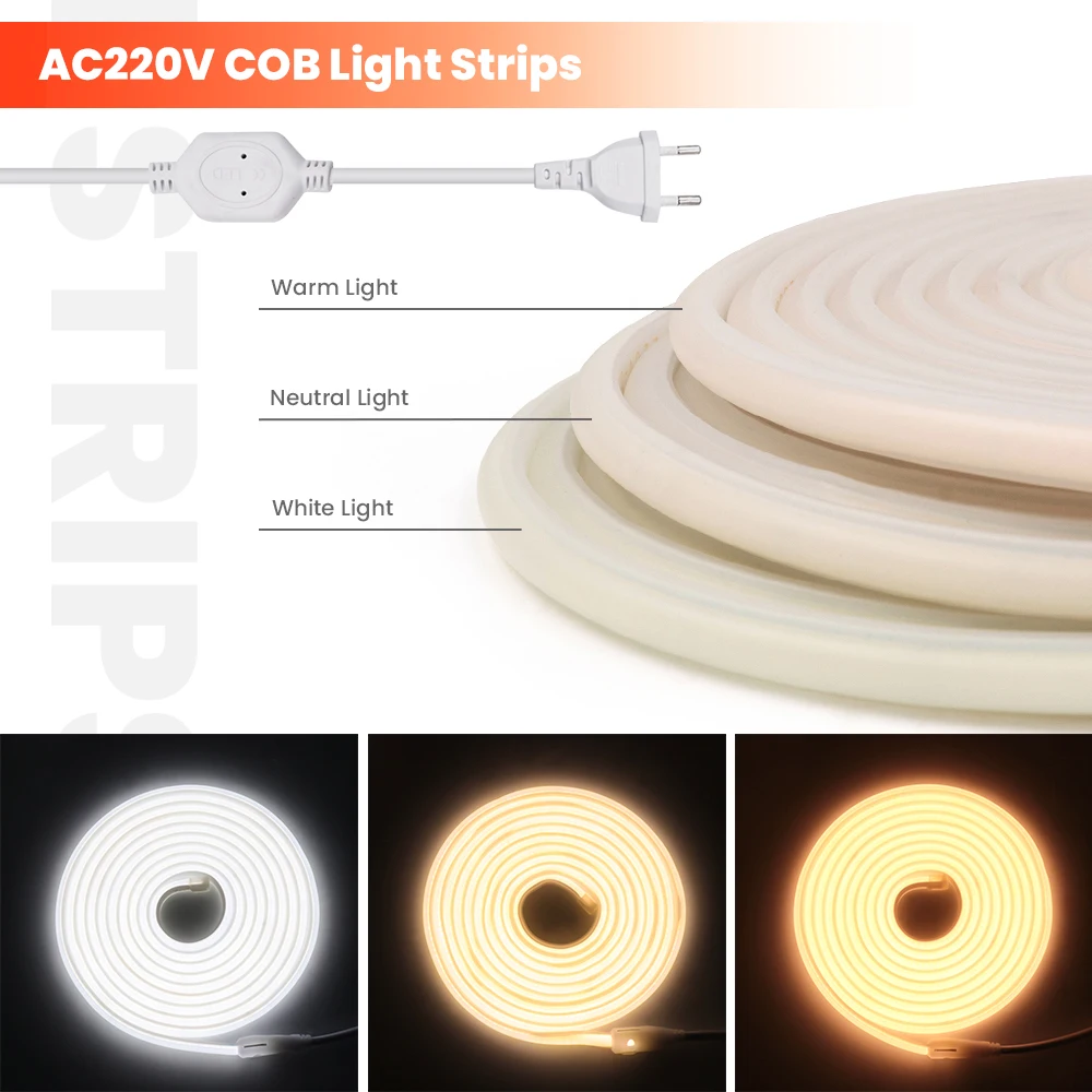 220V 240V COB Neon LED Strip Light 1M 5M 10M 288LEDs/m EU Power Plug Warm White Red Blue Bright Flex lamp Waterproof Lighting