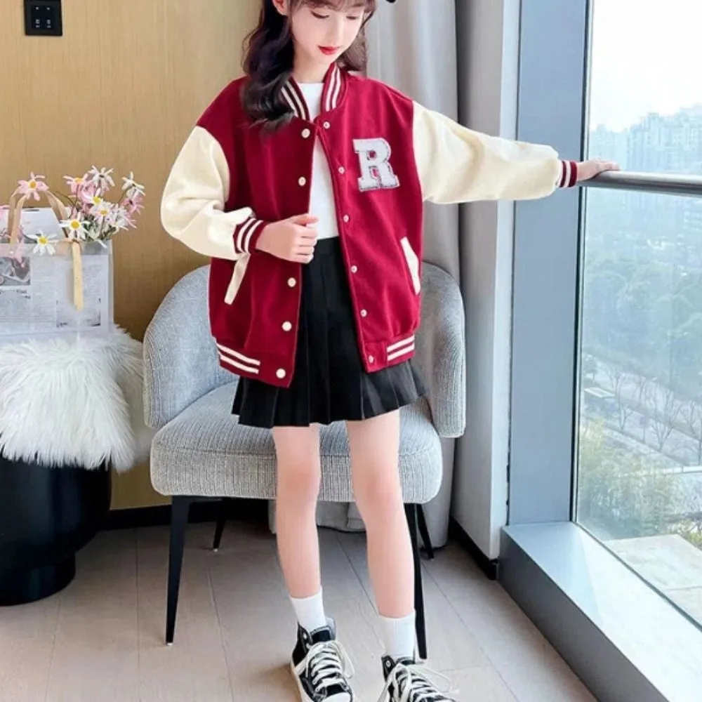 Fashion Long Sleeve Children Baseball Uniform Loose Retro Girls Y2K Coat Teens Clothing Spring Autumn Jacket Party
