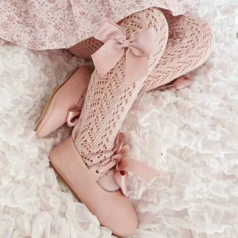 1 Pairs Baby Girls Tights For 0-4 Years Spanish Style Hollow Breathable Infant Bowknot Pantyhose Soft Cotton Toddler Kids Pants