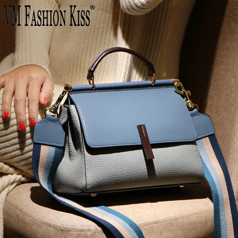 

VM FASHION KISS 2023 Genuine Leather Women Frame Shoulder Bag Patchwork Luxury Handbag Top-Handle Crossbody Bag With Two Straps