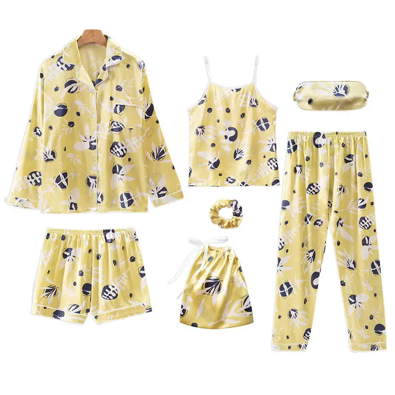 Autumn Spring 7 Pieces Set Silk Elegant Women Pajamas stripe Shorts Long Sleeve Tops Elastic Waist Pants Full Lounge Sleepwear