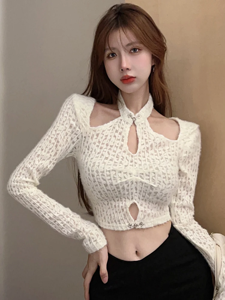 

Sexy Hollow Out Halter Long Sleeve Slim Tops Show Thin Bottoming Shirt Autumn Winter Women Party Club Fashion Hotsweet