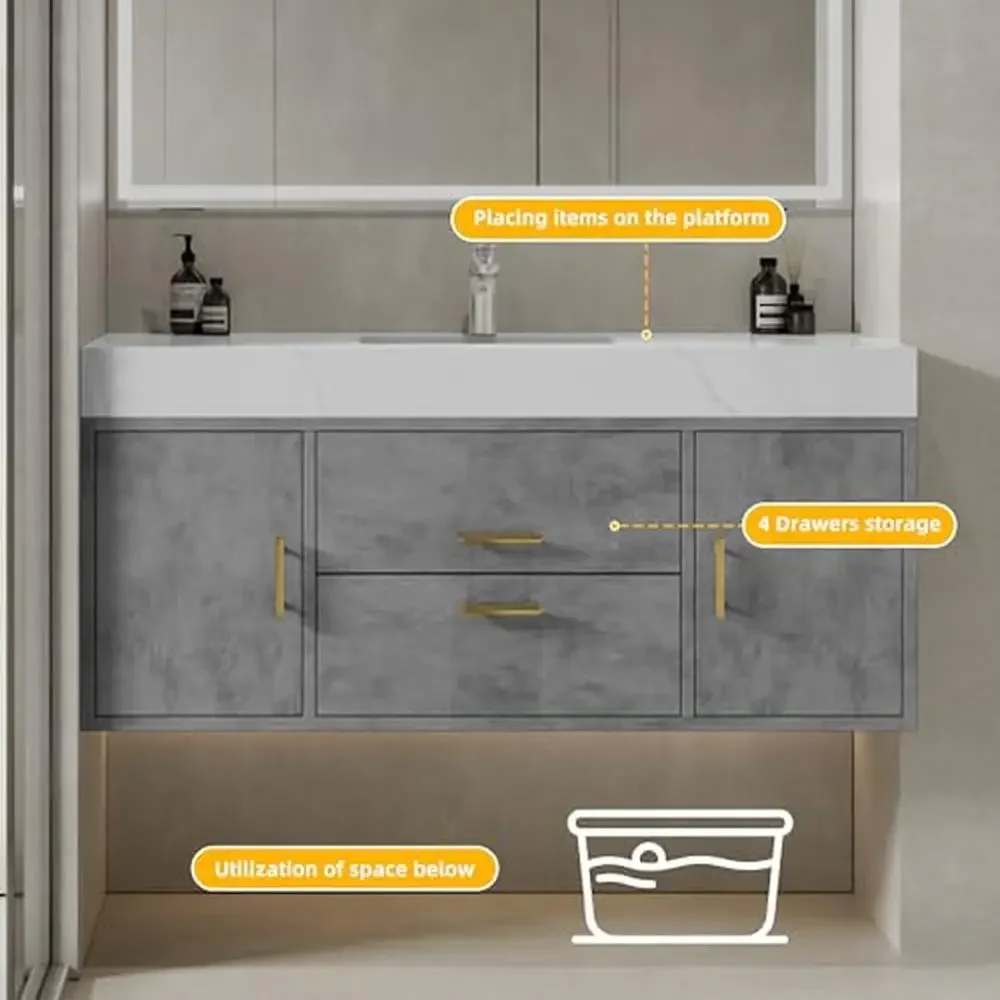 Wall Mounted 48 Inch Grey Bathroom Vanity with Sintered Stone Countertop and Ceramic Basin Storage Moisture-proof Easy Assembly 5