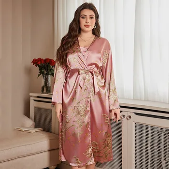 حجم كبير 3XL 4XL 5XL المرأة نايتي و رداء مجموعة مثير ثوب النوم طباعة طويلة البشكير الحمالة فستان النوم فضفاض الحرير الجليد ملابس المنزل 2