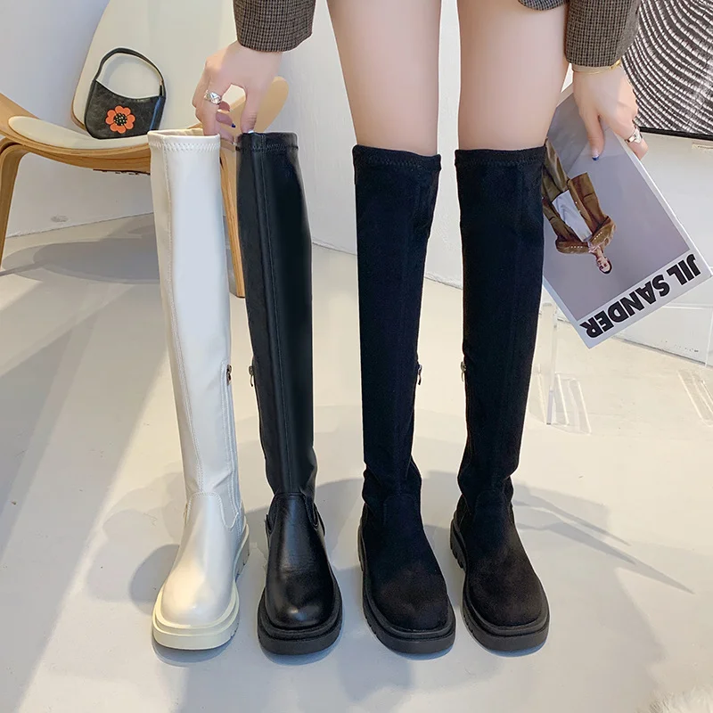 Soft Leather Thick Sole Over Knee Boots Women's Large Size 43 Boot Comfortable Elastic High Cavalier Boots Platform Women Shoes
