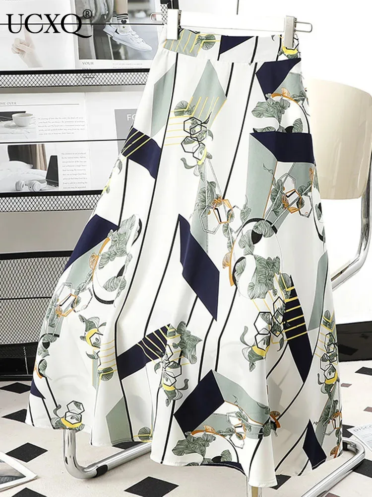 

UCXQ Contrast Color Printed Floral Chiffon Skirt For Women's Large Swing A-line Female Fashion Skirts 2024 Spring Autumn 23A7032