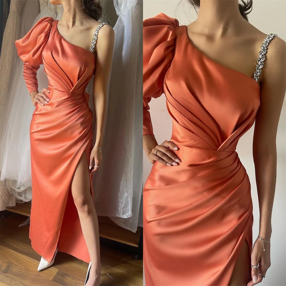 Jiayigong   Sexy Casual  Satin Draped Pleat Ruched Graduation A-line One-shoulder Bespoke Occasion Gown Midi Dresses