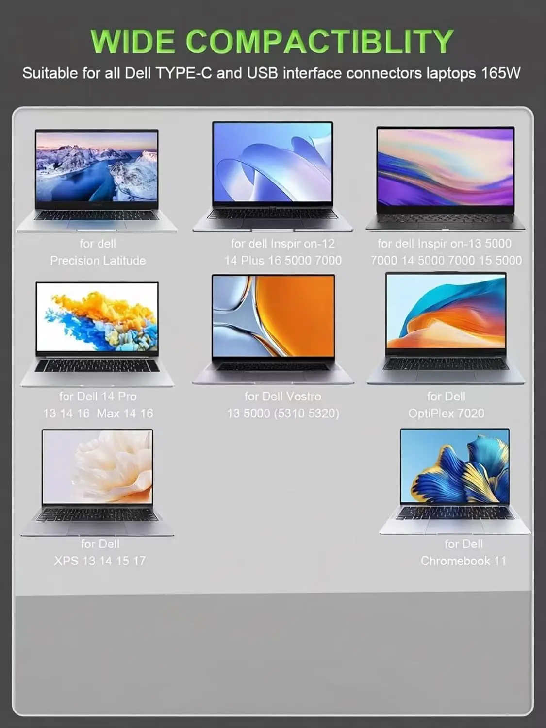 165W USB/Type C 노트북 전원 어댑터 충전기 (델 프리시전5680 5690 3581 XPS17 15 9730 9720 프로 맥스16 18 래티튜드 7640 5440 호환)