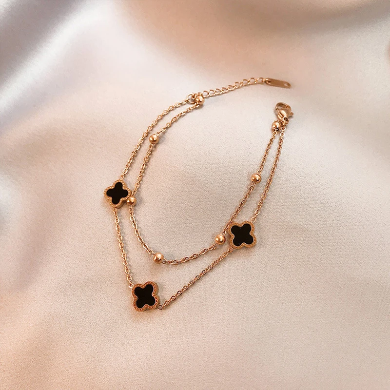 

Elegant Beauty Flower and Grass Bracelet 18k Rose Gold Double Layer Bracelet for Women