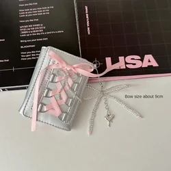 Silver Sweet Women's Designer Wallet - Y2K Style Short Coin Purse with Strap (Pink - Bow Pendant)