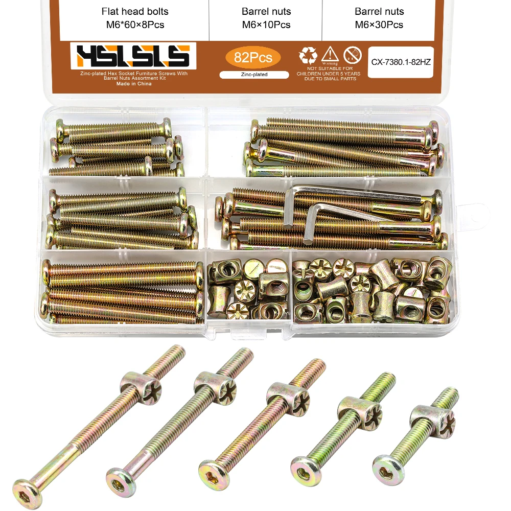 

82pcs/set M6 Hex Socket Head Cap Furniture Screws Bolts Zinc Plated Baby Bed Bolts And Barrel Nuts Assorted Kit For Crib Cabinet