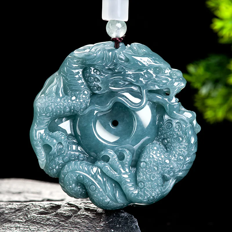 Jia le/ Hand-carved/ Natural Jade Blue Water Ping An Dragon King Necklace Pendant Fashion Accessories Men's Women's Amulet Gifts