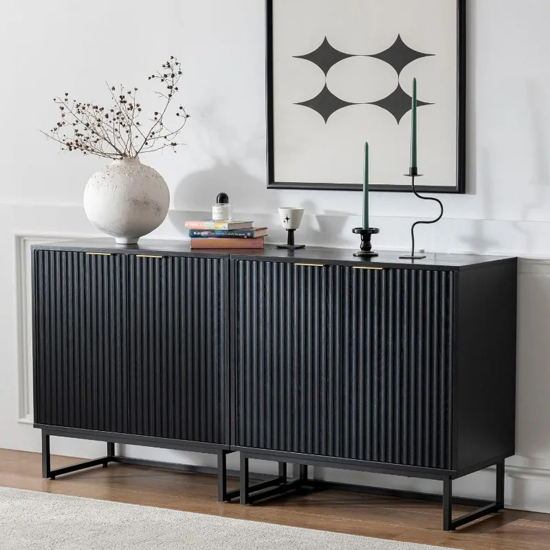 Fluted Storage Cabinet Set of 2, Sideboard Buffet Cabinet Modern Accent with Adjustable Shelves, Credenza, Console Table