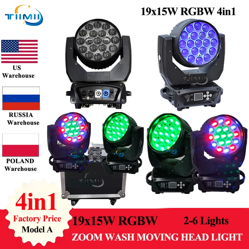 6Pcs Led 19X15W Rgbw Beam Wash Zoom Moving Head Light Dj Stage Light Equipment Concert Productions Professionals Flightcase