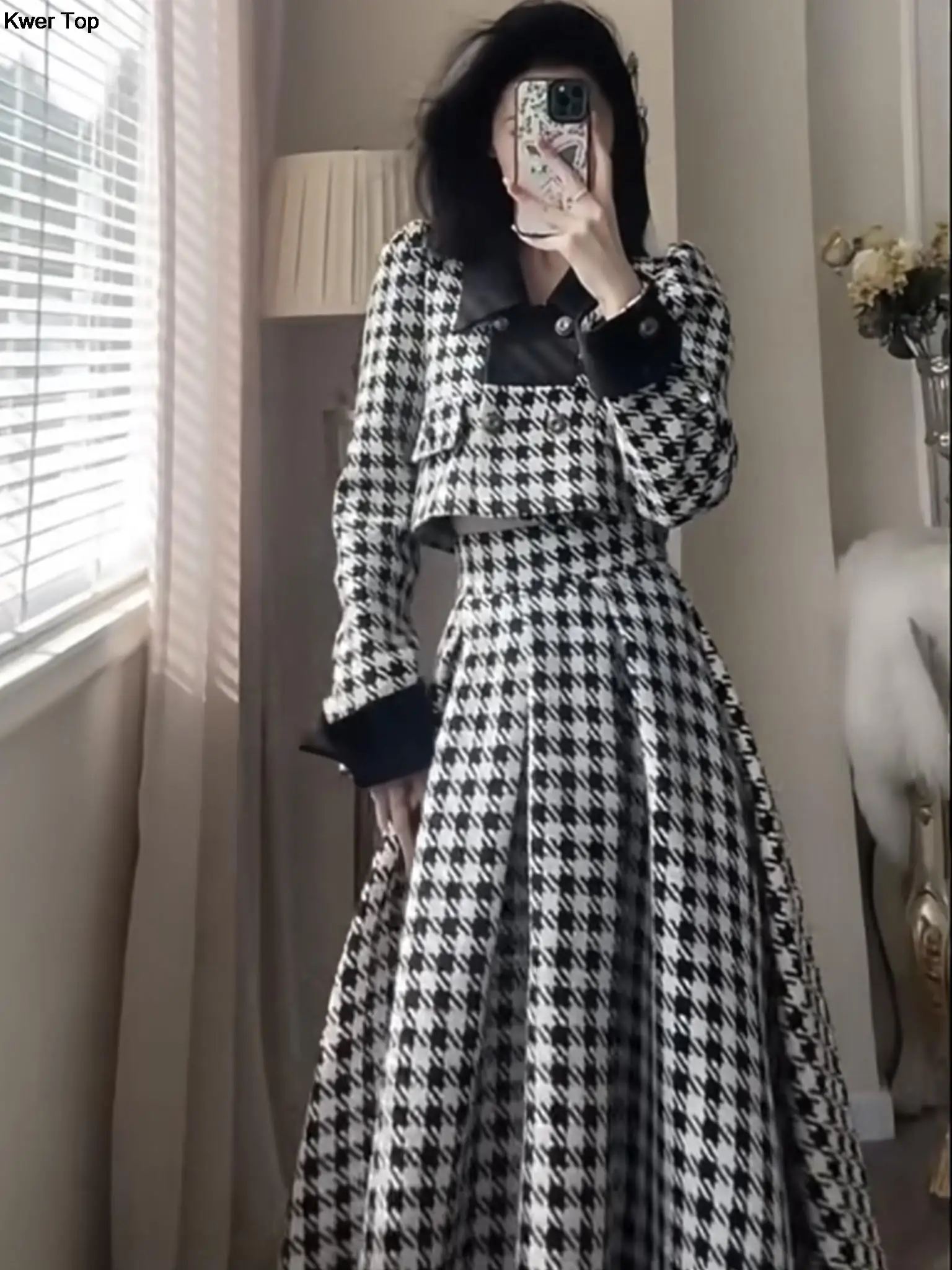 

Vintage Elegant Houndstooth Skirt Set Women Fashion Slim Short Coat Hight Waist Skirt Outfits Female Autumn Party 2 Piece Suit