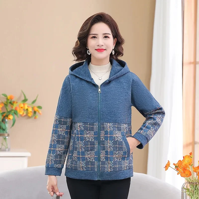 Mom's Autumn Hooded Foreign Style Jacket 2023 Middle-Aged And Elderly Spring And Autumn Short Top Jacket Jacket Hooded Casual