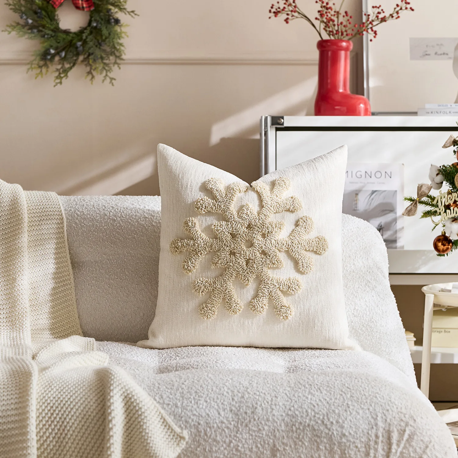 45x45cm Weihnachten Kreis bestickt Schneeflocke Kissenbezug Boho Stickerei Sofa Wurfkissen Kissenbezug Dekoration Zuhause – Detail 5