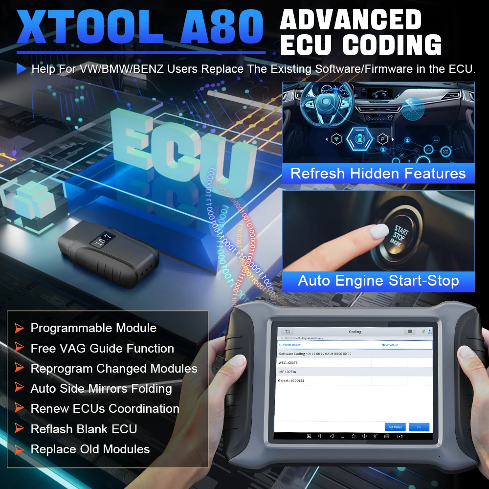 XTOOL A80 H6 OBD2 Bluetooth Scanner Car Diagnostic Tools ECU Coding 39+ Special Functions IMMO Key Programming Free Update