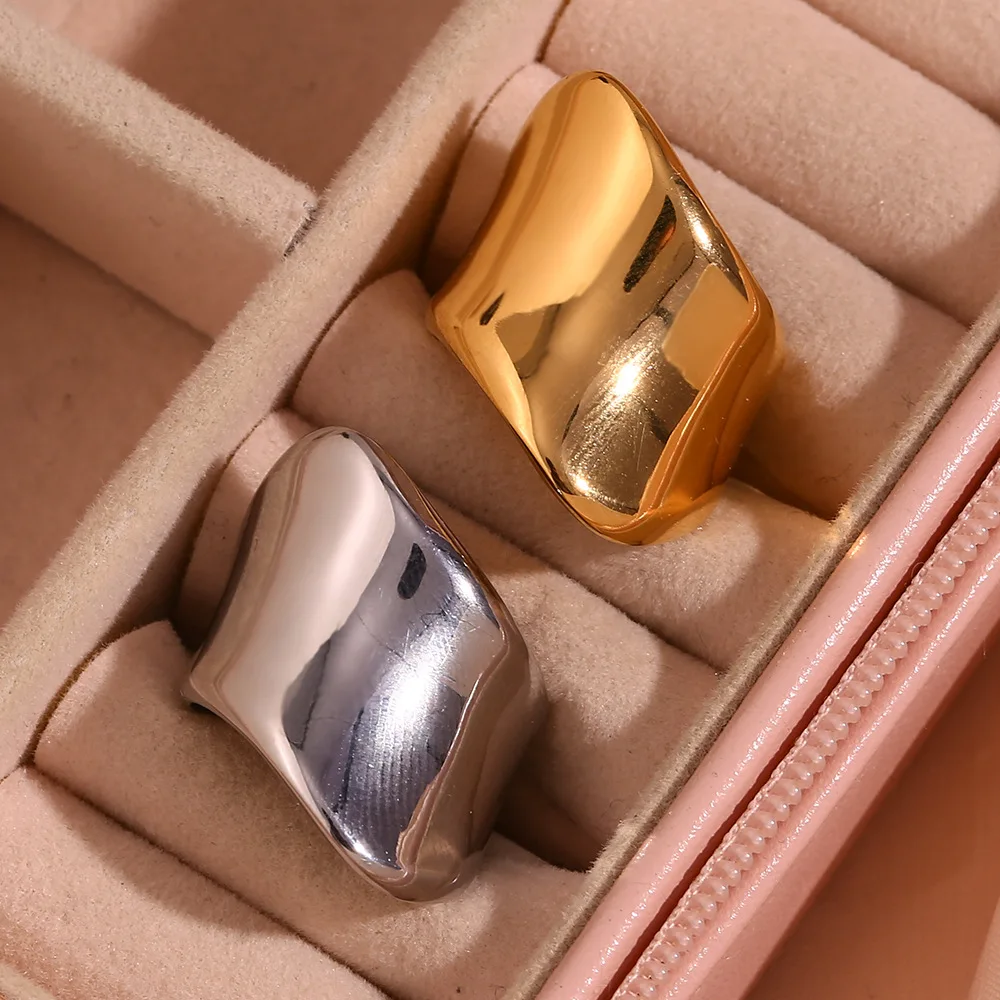 ANENJERY 316L Stainless Irregular Exaggerated Smooth Geometric Ring for Women Gold Color Retro Jewelry Accessory