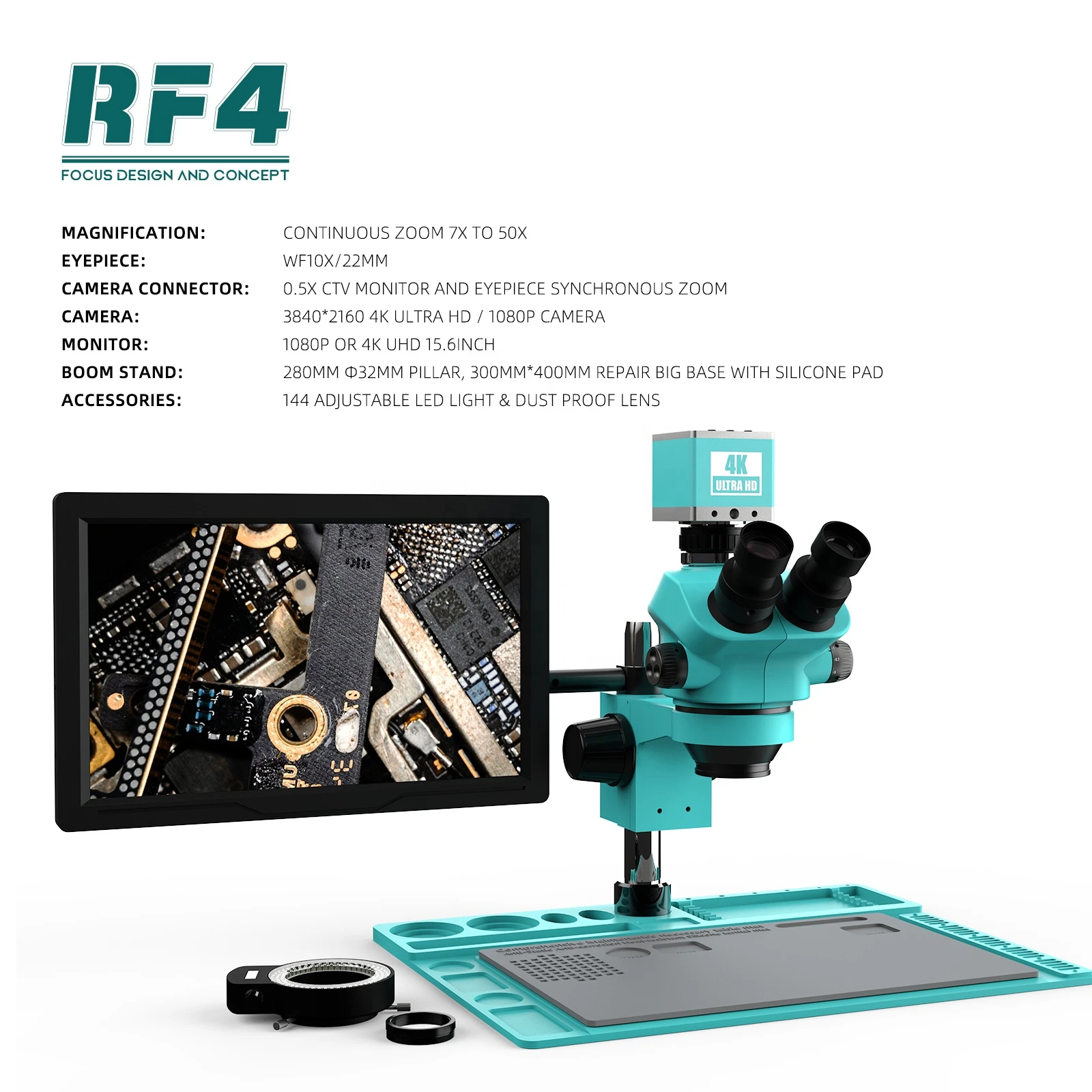 Rf4 750x Trinocular Stereo 4k Hdmi Usb Camera 15.6 Inch Monitor Electronic Repair/lab/ Jewelry