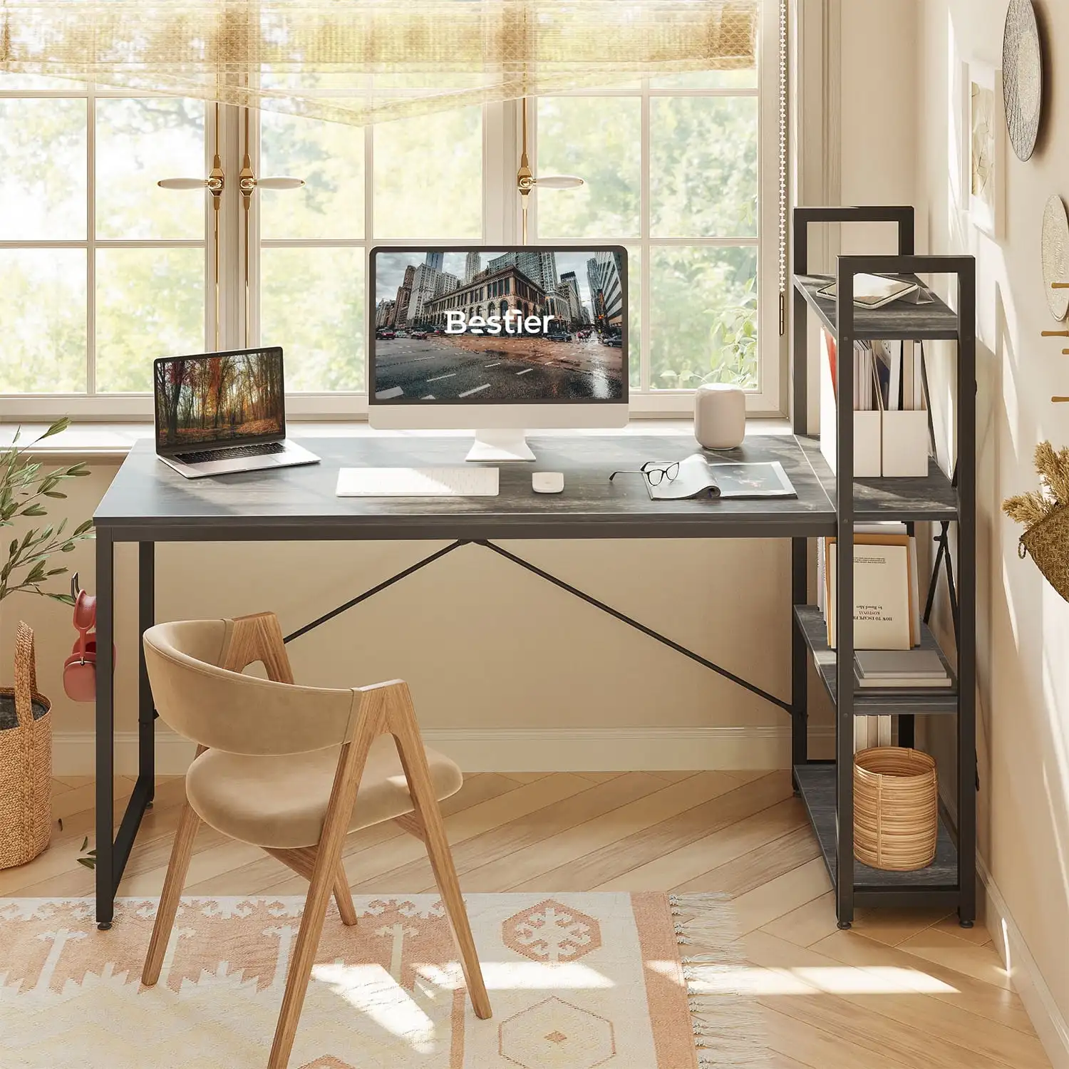 

63'' Reversible Computer Desk for Home Office Sturdy Workstation with 4-Tier Shelves, Retro Grey Oak-Dark