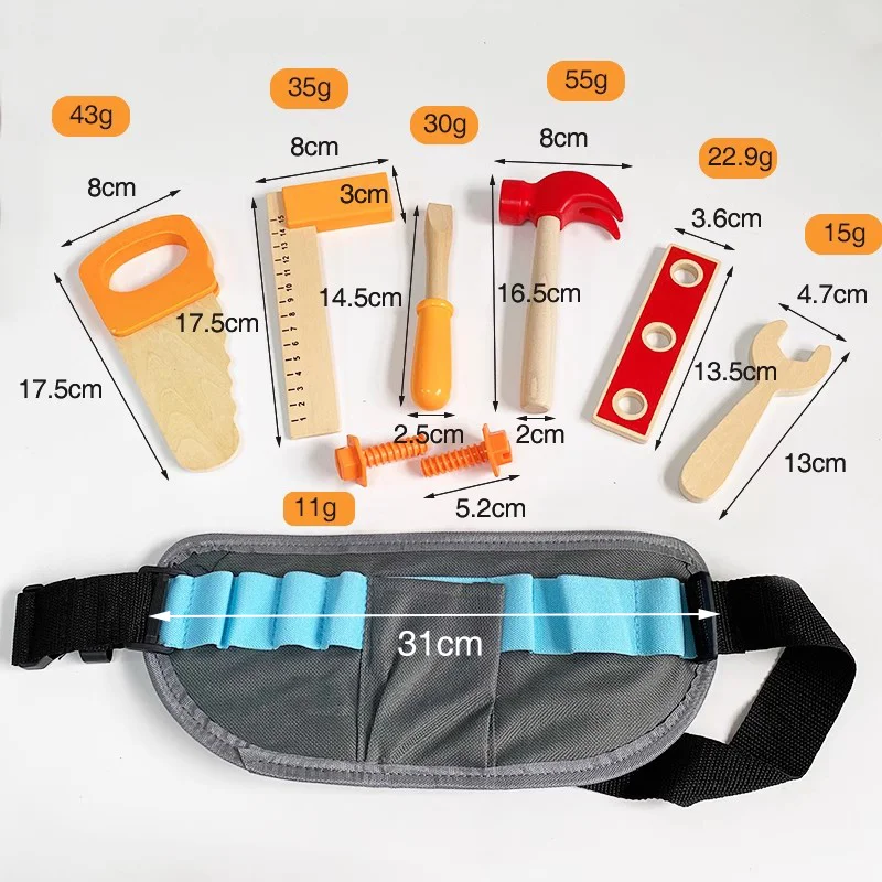 Wooden Toy Pretend Play Repair Tool toy Kids Tool Belt Construction Belt for Babies Party Toy Birthday Gifts