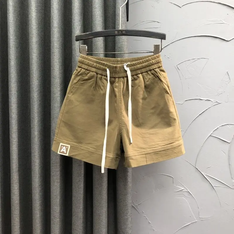 Korean Commute 2024 Summer Shorts Women's Fashion Solid Elastic Waist Drawstring Pocket Casual Loose A-line Denim Wide Leg Pants