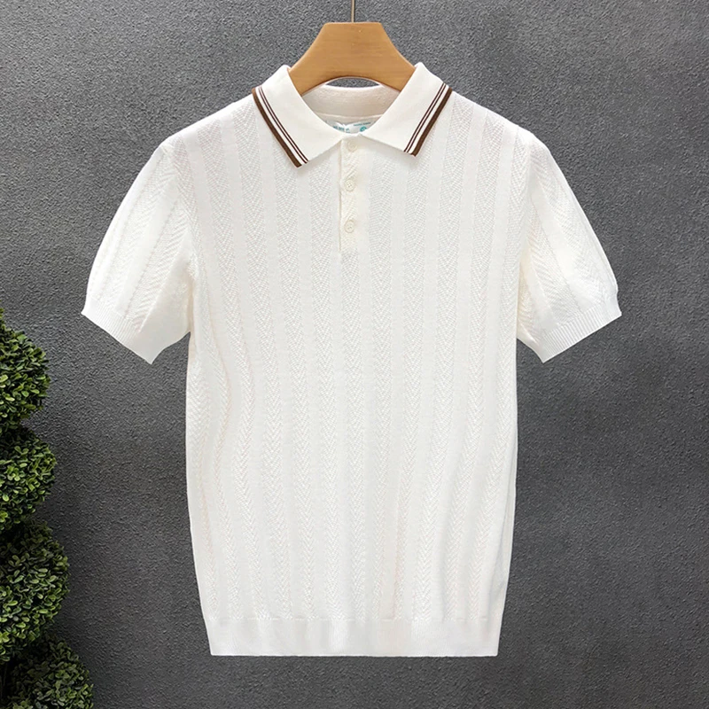 Fashionable Simple Striped Knit Polo Shirt Mens Summer Daily Leisure Breathable Knitted Tops Men Trendy Slim Short Sleeve Polos 10 Sabbd198927004927a55d3d5ffb1b85ecg