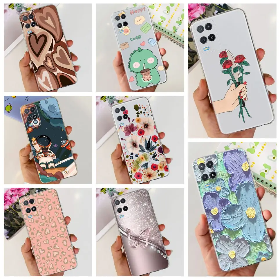 Cover Morbida Trasparente Di Lusso Per Oppo A54 4G Cph2239 Oppo A54 5G Cph2195 Dinosaur Cartoon Flowers Soft Silicone A 54 Etui Cases