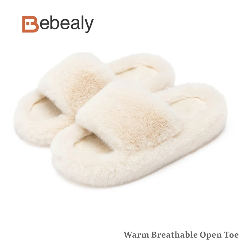 

Bebealy Winter Plush Women's Slippers Indoor Furry Soft Foam House Slippers For Women Fuzzy Faux Fur Lined Slippers Home Slides