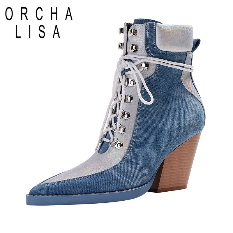 

Модные брендовые женские джинсовые ботильоны orchid A LISA с острым носком на массивном каблуке 8,5 см со шнуровкой и шнуровкой, женские ботинки 55-46