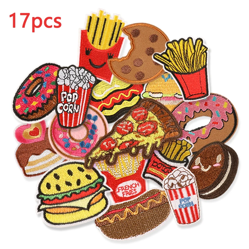 17-teiliges Lot von Lebensmitteln, Donut, Hamburger, Pommes Frites, Stickerei-Applikation, zum Aufbügeln, Großhandel für Kleidung, Kinder, schmelzbar, niedlich
