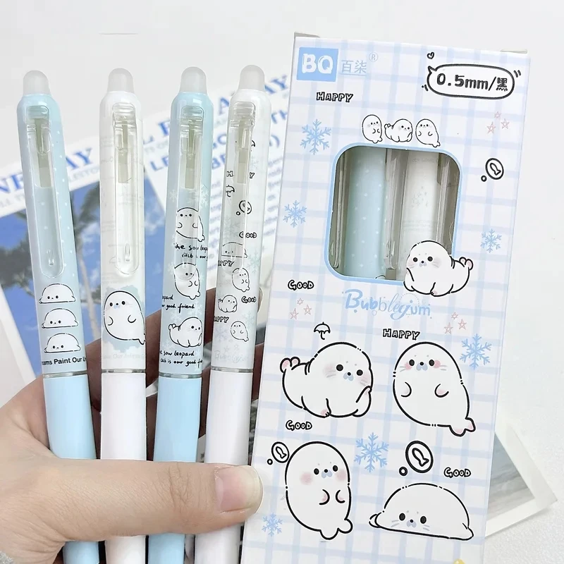 Set di 4 Penne Gel Cancellabili per Bambini, Inchiostro Blu e Nero, Penne con Cancellazione a Frizione e Design Elegante con Pulsante Laterale per Studenti delle Scuole Elementari