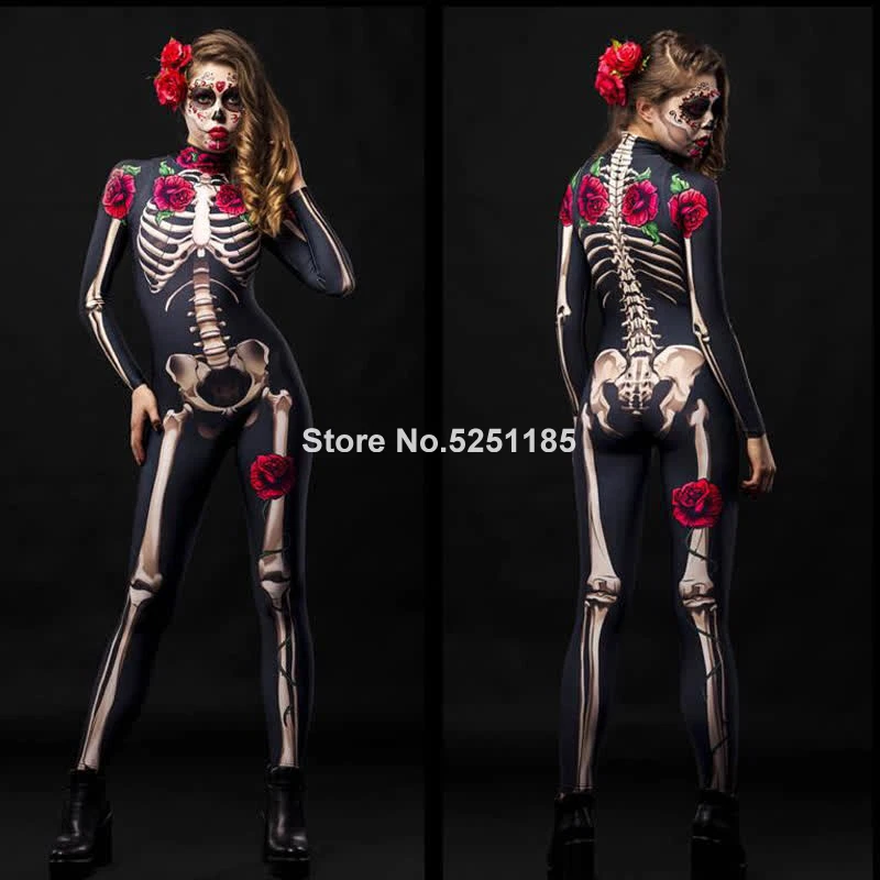 Women Cosplay Skeleton Rose Sexy Bodysuit Halloween Devil Ghost Specter Jumpsuit Romper Party Carnival Performance Scary Costume